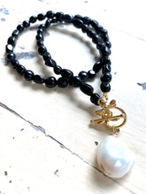Load image into Gallery viewer, Black Tourmaline &amp; Baroque Pearl Necklace, Honey Bees Clasp
