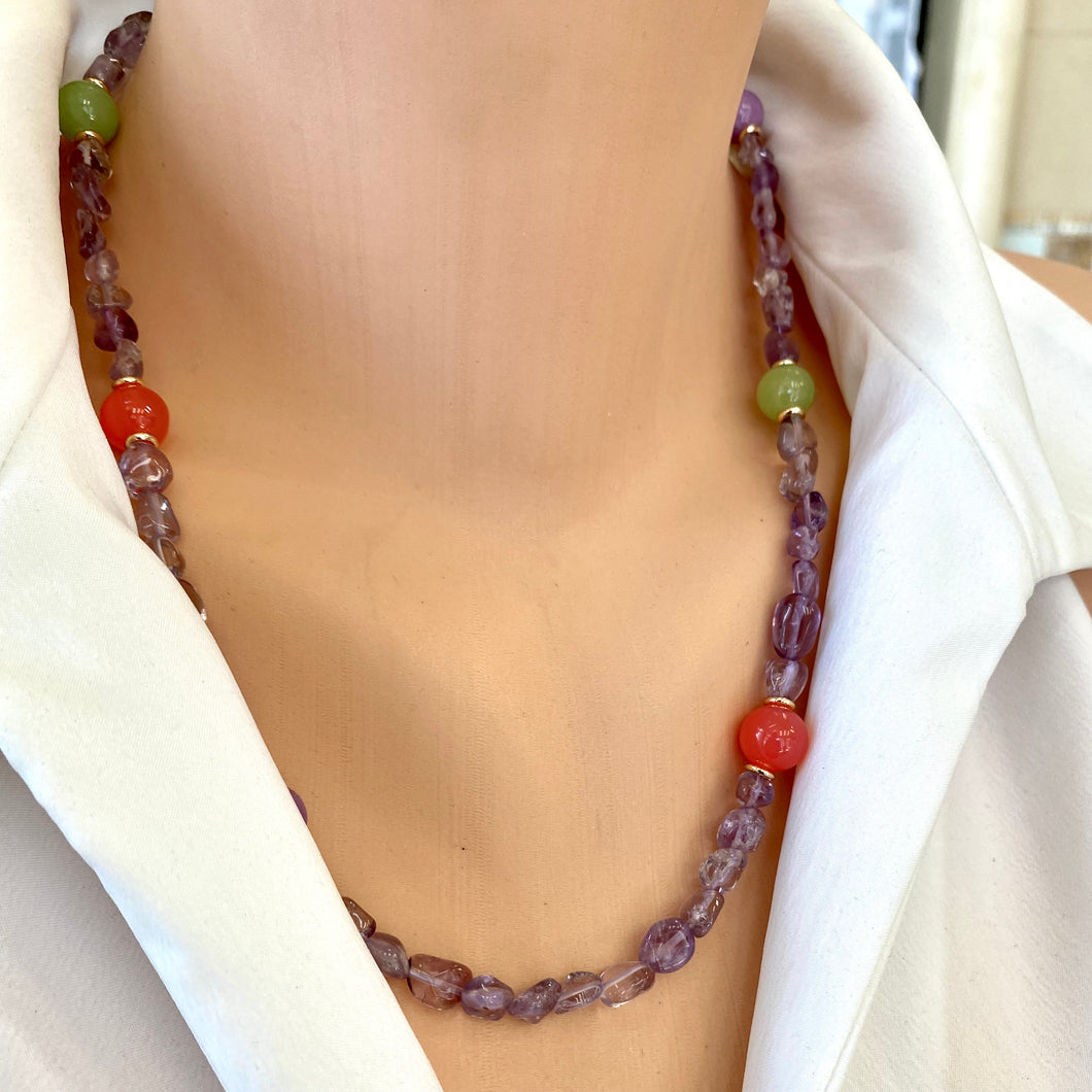 Light Amethyst Bead Bonbons Necklace w Orange Quartz, Lilac & Green Jade Accent Beads, Gold Plated, 21