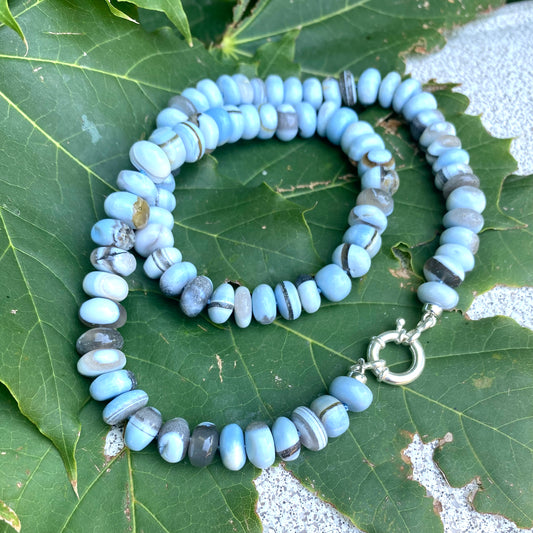 Blue boulder opal candy necklace with sterling silver marine clasp and hand-knotted beads