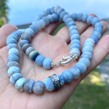 Charger l&#39;image dans la galerie, hand knotted and shaded blue boulder opal faceted rondelle beads necklace , with diamond pavé sterling silver embellishment ring in the center. Finished with silver marine closure. 19.5inches long.
