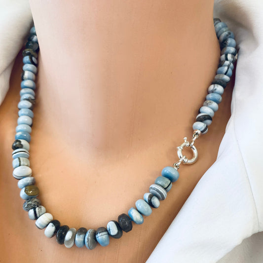 Blue boulder opal candy necklace worn on neckline with baby blue and grey opal beads