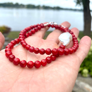 Red Coral Short Necklace with Natural Baroque Pearl and Sterling Silver Details, 18"inches