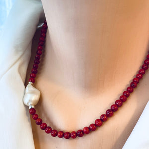 Red Coral Short Necklace with Natural Baroque Pearl and Sterling Silver Details, 18"inches