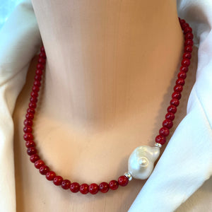 Red Coral Short Necklace with Natural Baroque Pearl and Sterling Silver Details, 18"inches