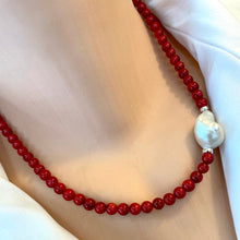 Charger l&#39;image dans la galerie, Red Coral Short Necklace with Natural Baroque Pearl and Sterling Silver Details, 18&quot;inches
