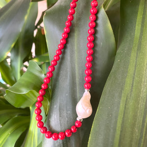 Red Coral Short Necklace with Natural Baroque Pearl and Sterling Silver Details, 18"inches