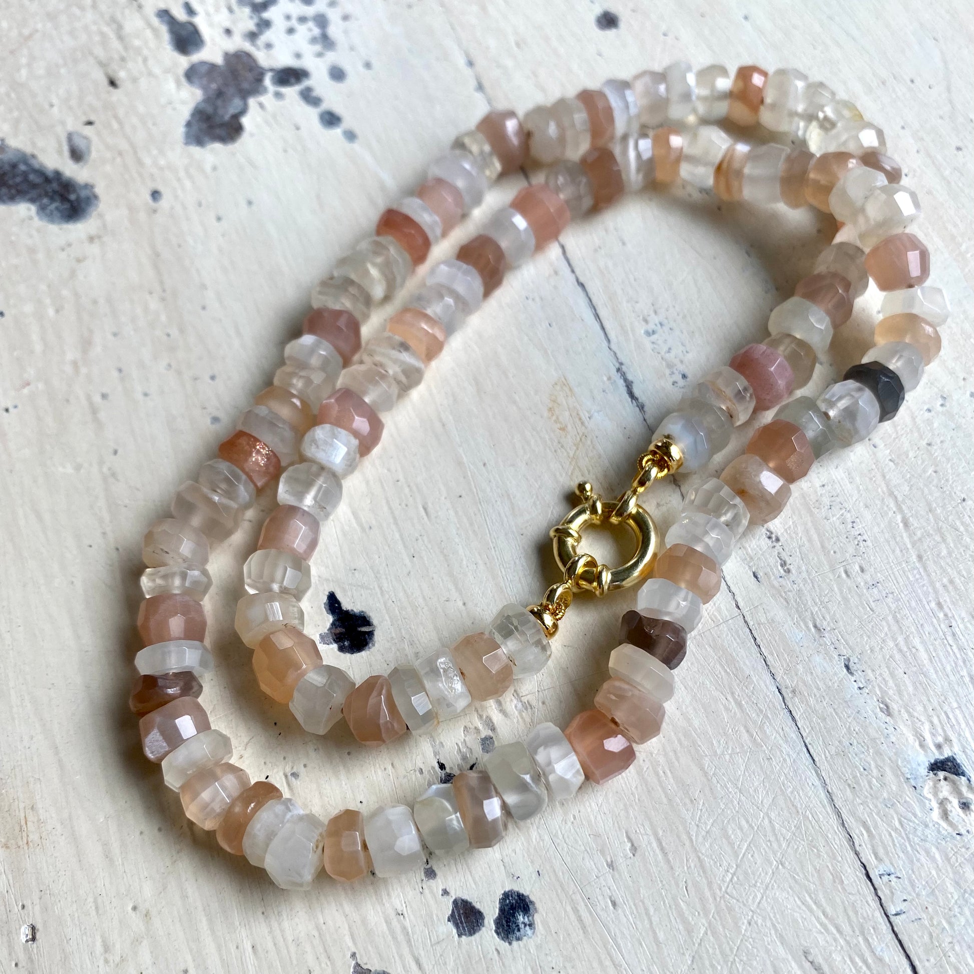 Moonstone candy necklace with gold vermeil marine clasp and mixed moonstone beads
