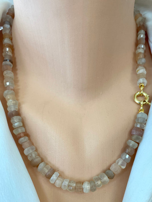Moonstone candy necklace worn on neckline with mixed natural moonstone gemstones
