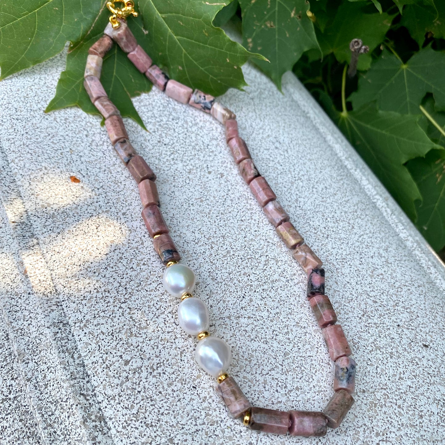 Rhodonite pearl necklace handmade in Canada with faceted tube beads