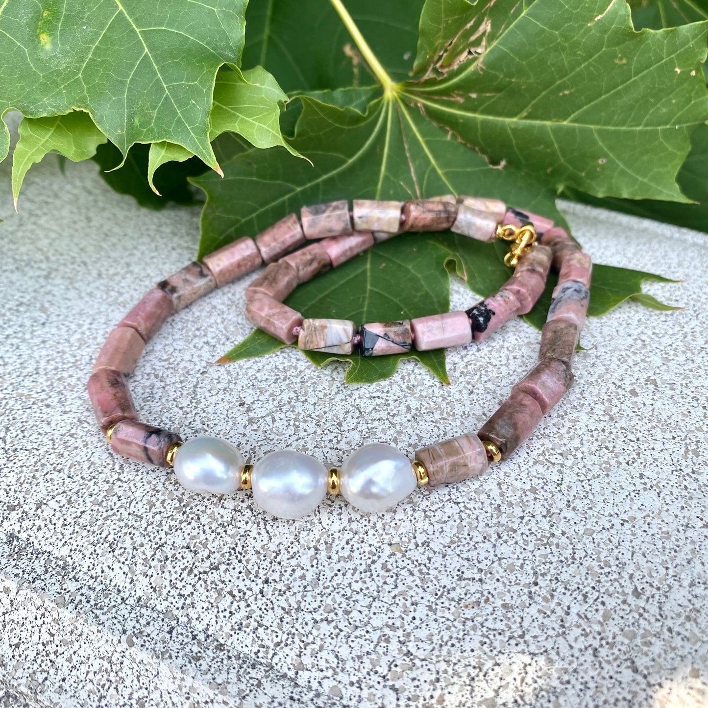 Rhodonite pearl necklace with gold vermeil accents and marine clasp design