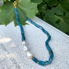 Cargar imagen en el visor de la galería, Blue Apatite Tube Beads Necklace w Gold Vermeil &amp; Freshwater Pearls, 17.5&quot;Inches
