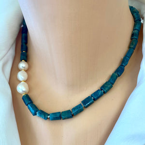 Blue Apatite Tube Beads Necklace w Gold Vermeil & Freshwater Pearls, 17.5"Inches