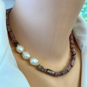 Rhodonite Tube Necklace w Gold Vermeil & Fresh Water Pearls, 17"Inches