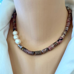 Rhodonite Tube Necklace w Gold Vermeil & Fresh Water Pearls, 17"Inches