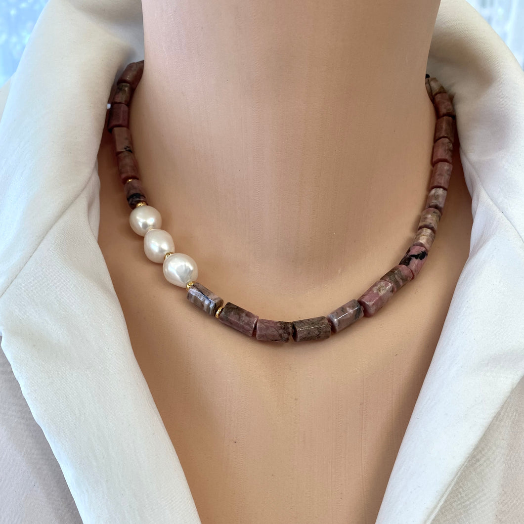 Rhodonite Tube Necklace w Gold Vermeil & Fresh Water Pearls, 17