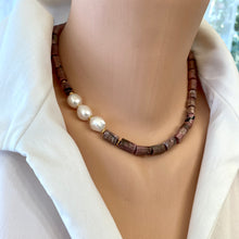 Charger l&#39;image dans la galerie, Rhodonite Tube Necklace w Gold Vermeil &amp; Fresh Water Pearls, 17&quot;Inches
