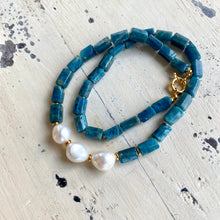 Charger l&#39;image dans la galerie, Blue Apatite Tube Beads Necklace w Gold Vermeil &amp; Freshwater Pearls, 17.5&quot;Inches
