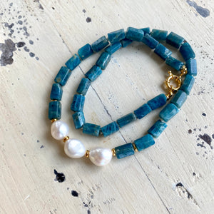 Blue Apatite Tube Beads Necklace w Gold Vermeil & Freshwater Pearls, 17.5"Inches