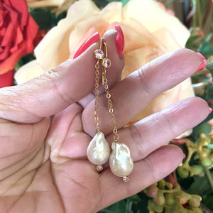 Baroque Pearl Chain Earrings w Pink Cubic Zirconia