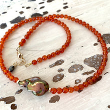 Load image into Gallery viewer, Burnt Orange Carnelian Beaded Necklace Chain with Fresh Water Peacock Baroque Pearl, Gold Filled, 16.5&quot;inches
