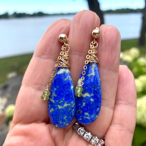 Teardrop Lapis Lazuli and Peridot Earrings, Gold Filled, OOAK Jewelry
