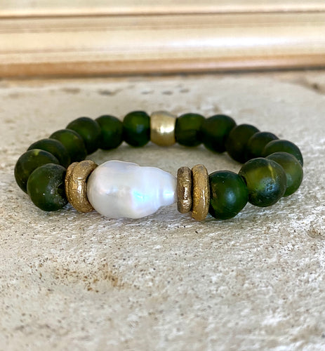 Chunky Baroque Pearl & Olive Green African Tribal Recycled Glass Stretch Bracelet