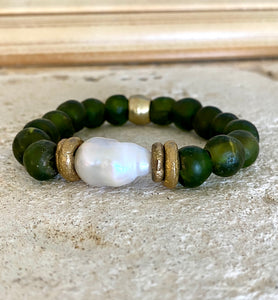 Chunky Baroque Pearl & Olive Green African Tribal Recycled Glass Stretch Bracelet