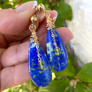 Teardrop Lapis Lazuli and Peridot Earrings, Gold Filled, OOAK Jewelry
