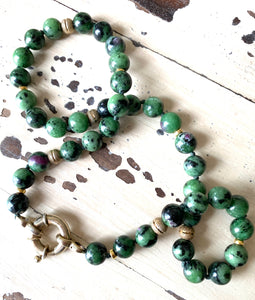 Ruby Zoisite and Gold Vermeil Beaded Necklace