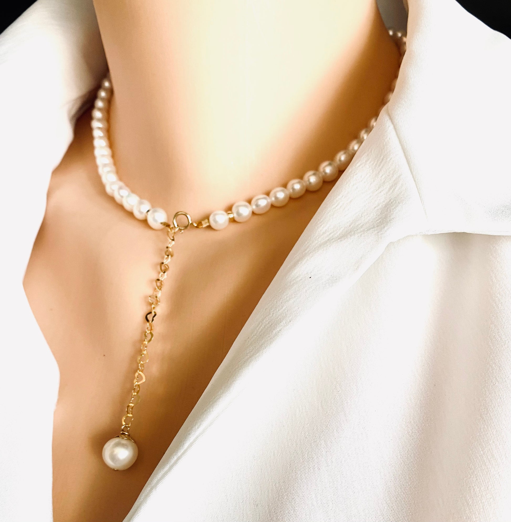 Pearl heart necklace elegant design with pearl charm and gold filled heart chain