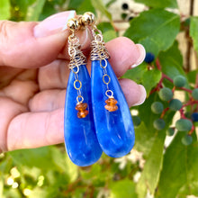 Load image into Gallery viewer, Teardrop Blue Onyx and Carnelian Earrings, Gold Filled, Artisan OOAK Jewelry
