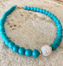 Lade das Bild in den Galerie-Viewer, Turquoise with Fresh Water Pearl Choker Necklace, Gold Filled, Summer Jewelry, 14&quot;or 15&quot;inches
