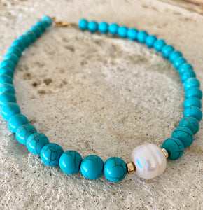 Turquoise with Fresh Water Pearl Choker Necklace, Gold Filled, Summer Jewelry, 14"or 15"inches