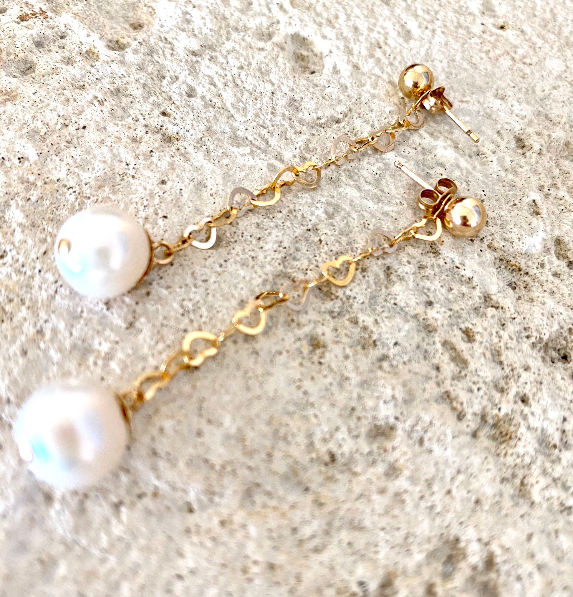 Pearl heart drop earrings handmade in Canada with freshwater pearls and gold filled details