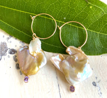 Load image into Gallery viewer, Natural Keshi Pearl and Gold Filled Hoop Earrings with Light Purple Cubic Zirconia
