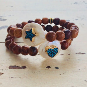 Sandalwood Stretchy Bracelet Turquoise Heart & Star, Coin Pearl Bracelet