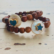 Load image into Gallery viewer, Sandalwood Stretchy Bracelet Turquoise Heart &amp; Star, Coin Pearl Bracelet
