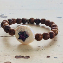Load image into Gallery viewer, Wood Stretchy Coin Pearl Bracelet w Ruby Red &amp; Sapphire Cz Star
