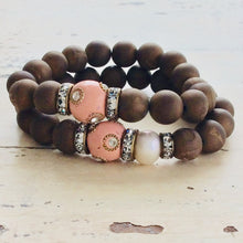 Lade das Bild in den Galerie-Viewer, Carved Wood Druzy Agate Golden Geode Stack Bracelet at $55
