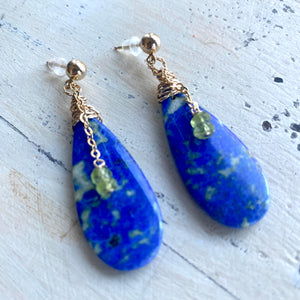 Teardrop Lapis Lazuli and Peridot Earrings, Gold Filled, OOAK Jewelry