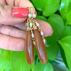 Red Aventurine and Pearl Earrings, Gold Vermeil, Artisan OOAK Jewelry