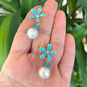 Edison White Pearls & Aquamarine Drop Earrings, Blue Enamel and Gold Plated Flower Studs