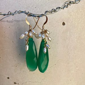 Emerald Green Chalcedony Cluster Earrings w Freshwater Pearls & Gold Filled