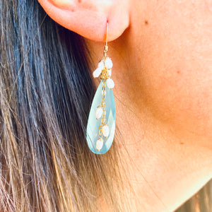 Teardrop Sky Blue Chalcedony Cluster Earrings, Fresh Water Pearls & Gold Filled Ear Wires