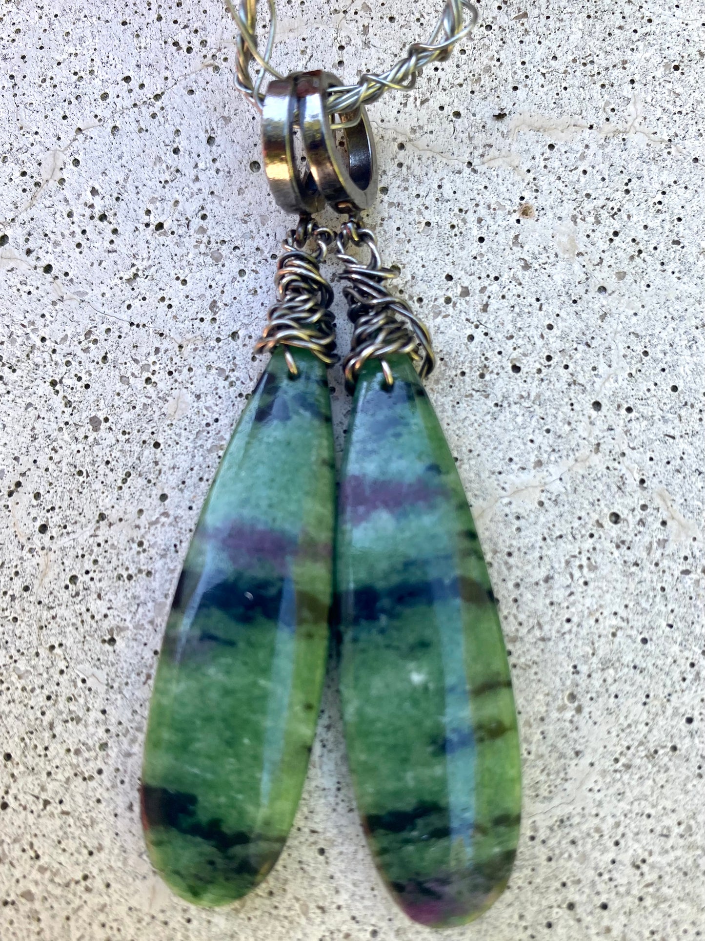 Ruby Zoisite Teardrop Earrings – Natural Gemstone Dangles featuring unique green and purple patterns.