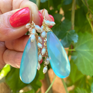 Teardrop Sky Blue Chalcedony Cluster Earrings, Fresh Water Pearls & Gold Filled Ear Wires
