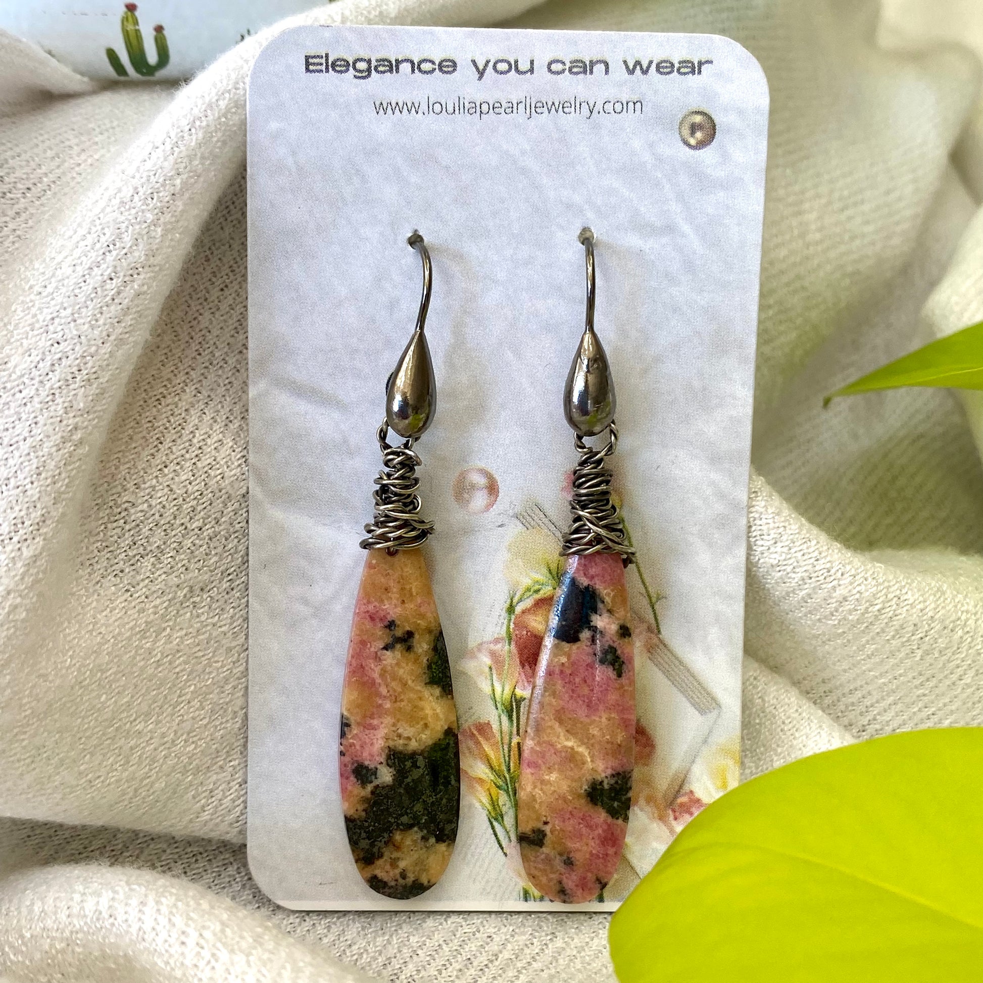 Rhodonite teardrop earrings in black rhodium silver, lightweight bohemian gemstone jewelry handmade in Canada