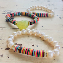 Cargar imagen en el visor de la galería, Boho Style African Vinyl &amp; Pearls Stretch Bracelet at $175
