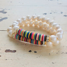 Cargar imagen en el visor de la galería, Boho Style African Vinyl &amp; Pearls Stretch Bracelet at $124
