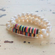 Load image into Gallery viewer, Boho Style African Vinyl &amp; Pearls Stretch Bracelet at $124
